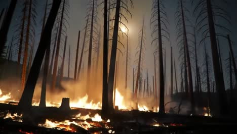 a haunting landscape: glowing embers and shadows cast by a devastating forest fire under a moonlit sky illuminating burnt trees and smoke