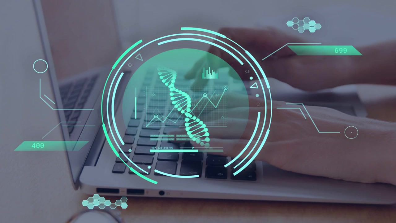Mid-adult woman resting then typing on laptop, HUD appearing and animating DNA helix for research