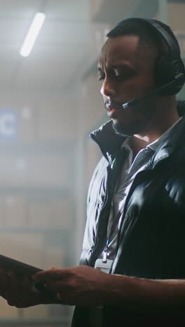 trabajador de almacén con auriculares y tableta