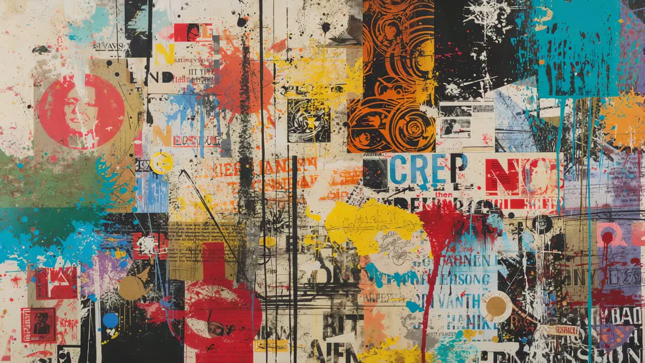 Inquadratura iniziale con spostamento della camera in avanti attraverso la parete dello studio, che mostra gocce di facce stencilate CREP