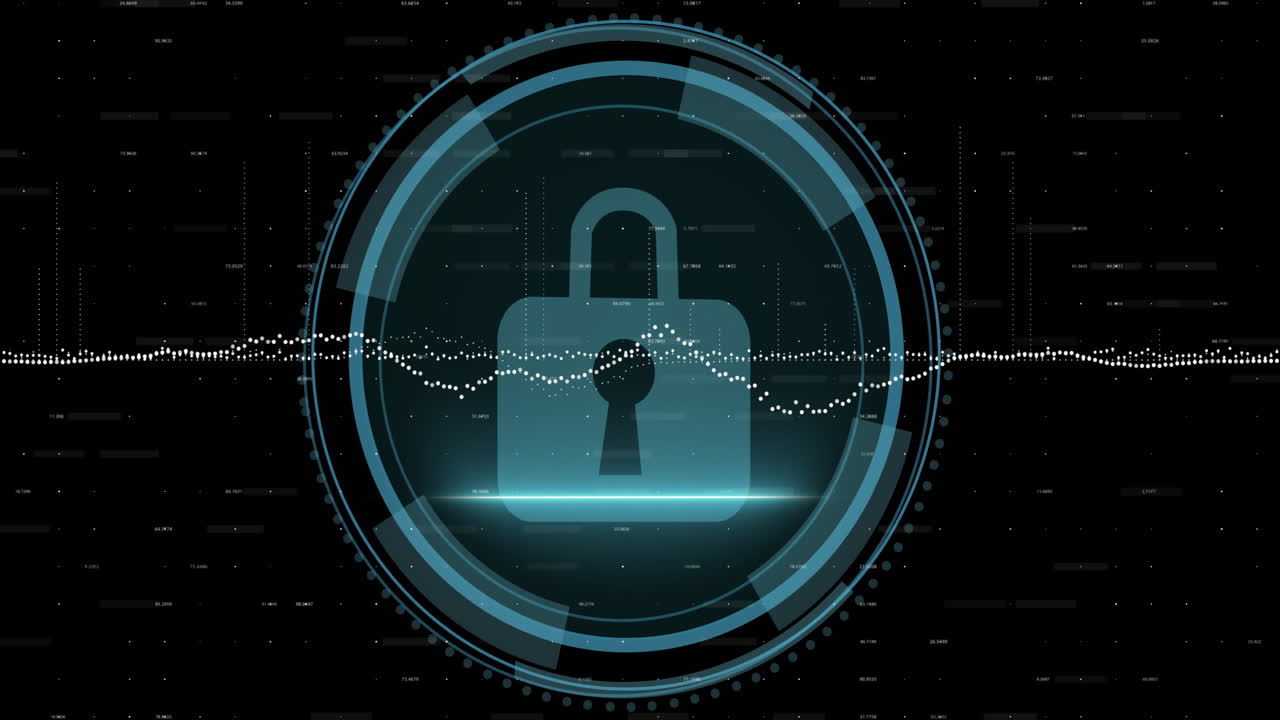 Animation of data processing over syber security text and scope scanning on black background