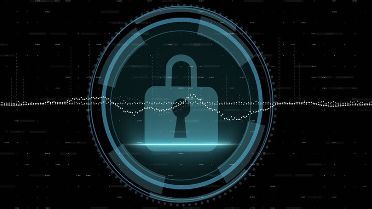 Animation of data processing over syber security text and scope scanning on black background