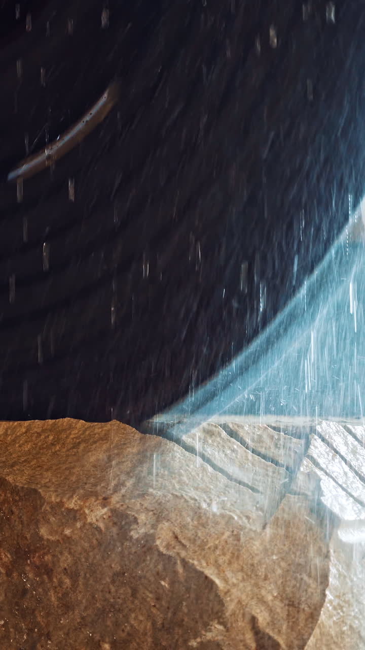 Industrial factory of marble manufacture. Industrial technical equipment cutting with electric saw during align marble tiles at construction site Vertical video