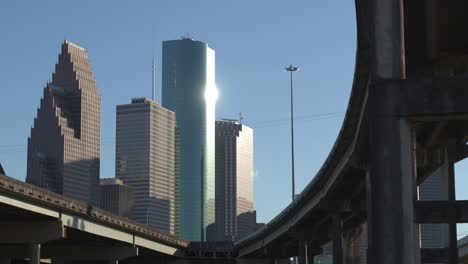 Low-angle-aerial-view-of-downtown-Houston