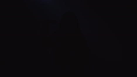 silueta retroiluminada de la cantante vocalista de una chica de pie en un oscuro estudio de discoteca y comenzar a cantar