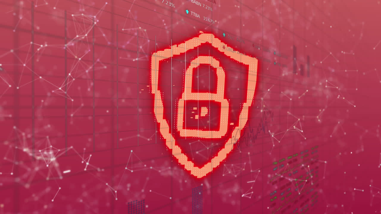 animación del icono del candado de seguridad y la red de conexiones contra el procesamiento de datos estadísticos