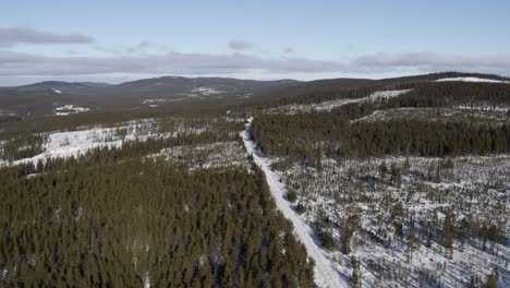 vista aérea de un paisaje invernal con un dron lateral en el norte de suecia
