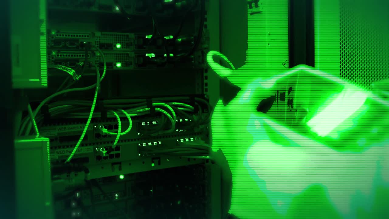 animación de sombra verde sobre trabajador masculino caucásico en la sala del servidor