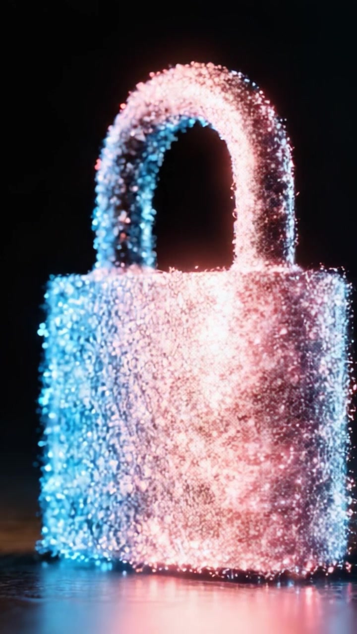 Una splendida rappresentazione visiva di un lucchetto scintillante, coperto di particelle luminose che esaltano il concetto di sicurezza e protezione in modo creativo ed estetico