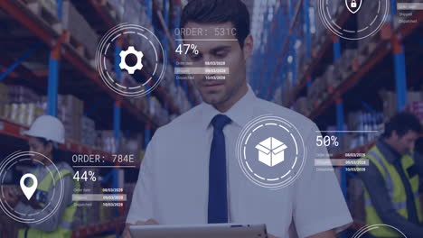 animation of icons and data processing over caucasian man working in warehouse