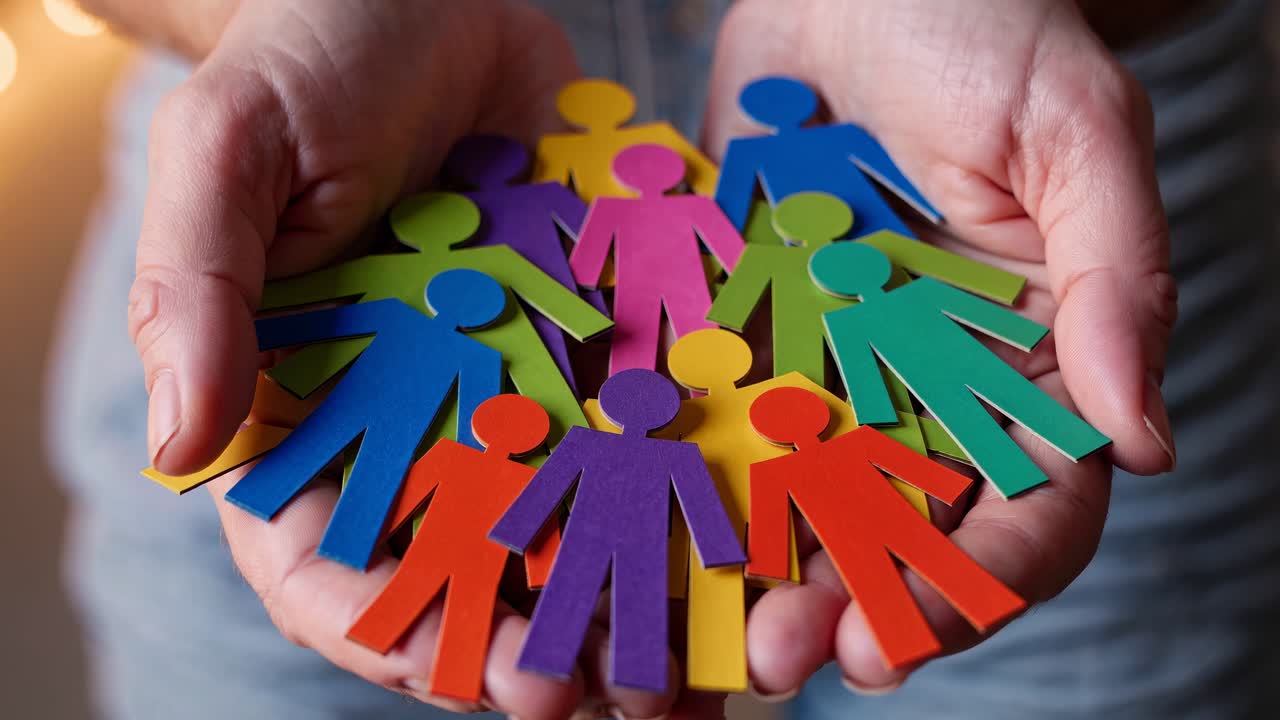Close-up angle of hands holding colorful paper cutouts of people, symbolizing diversity and unity