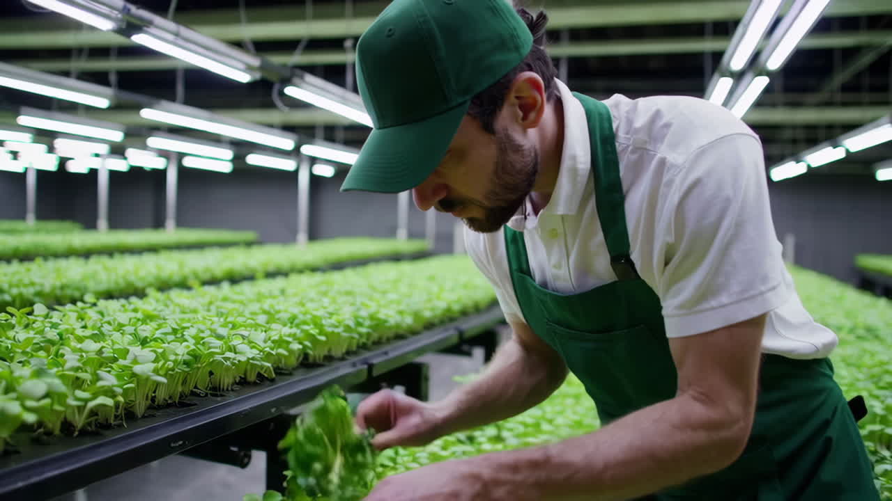 Worker Inspecting Microgreens in a Vertical Farm