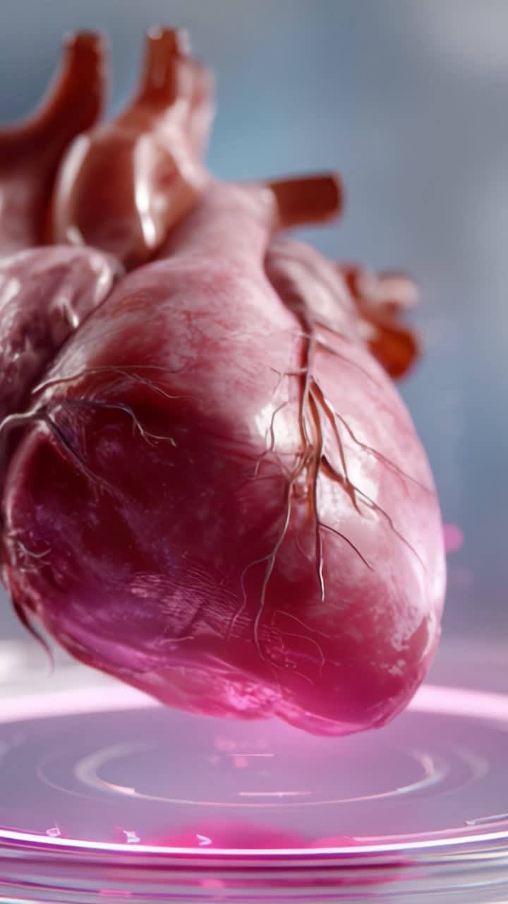 Una representación visualmente impresionante de un corazón humano flotando sobre una superficie reflectante con colores vibrantes y detalles intrincados que resaltan su estructura y función.