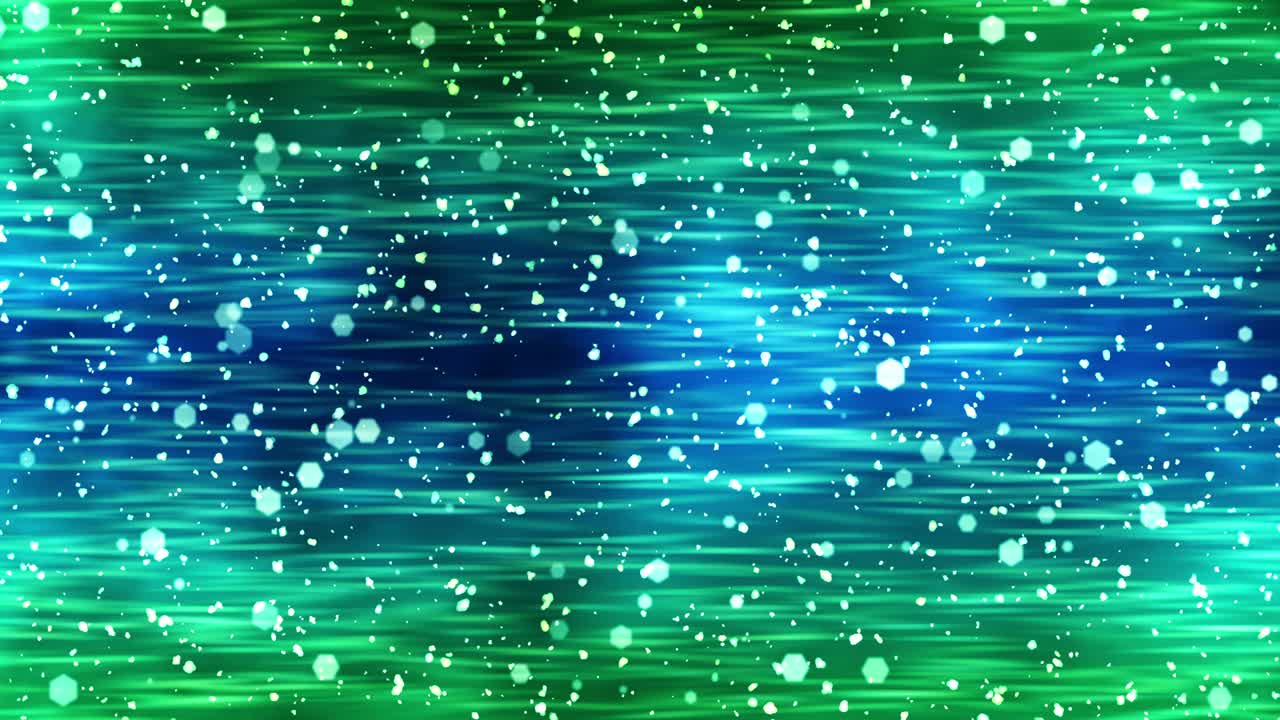 박이는 입자와 함께 럭셔리 반이는 조명. 반이는 빈티지 루프 애니메이션. 원형. 육각형. 선형. 화면 장식 개념. 녹색과 파란색.