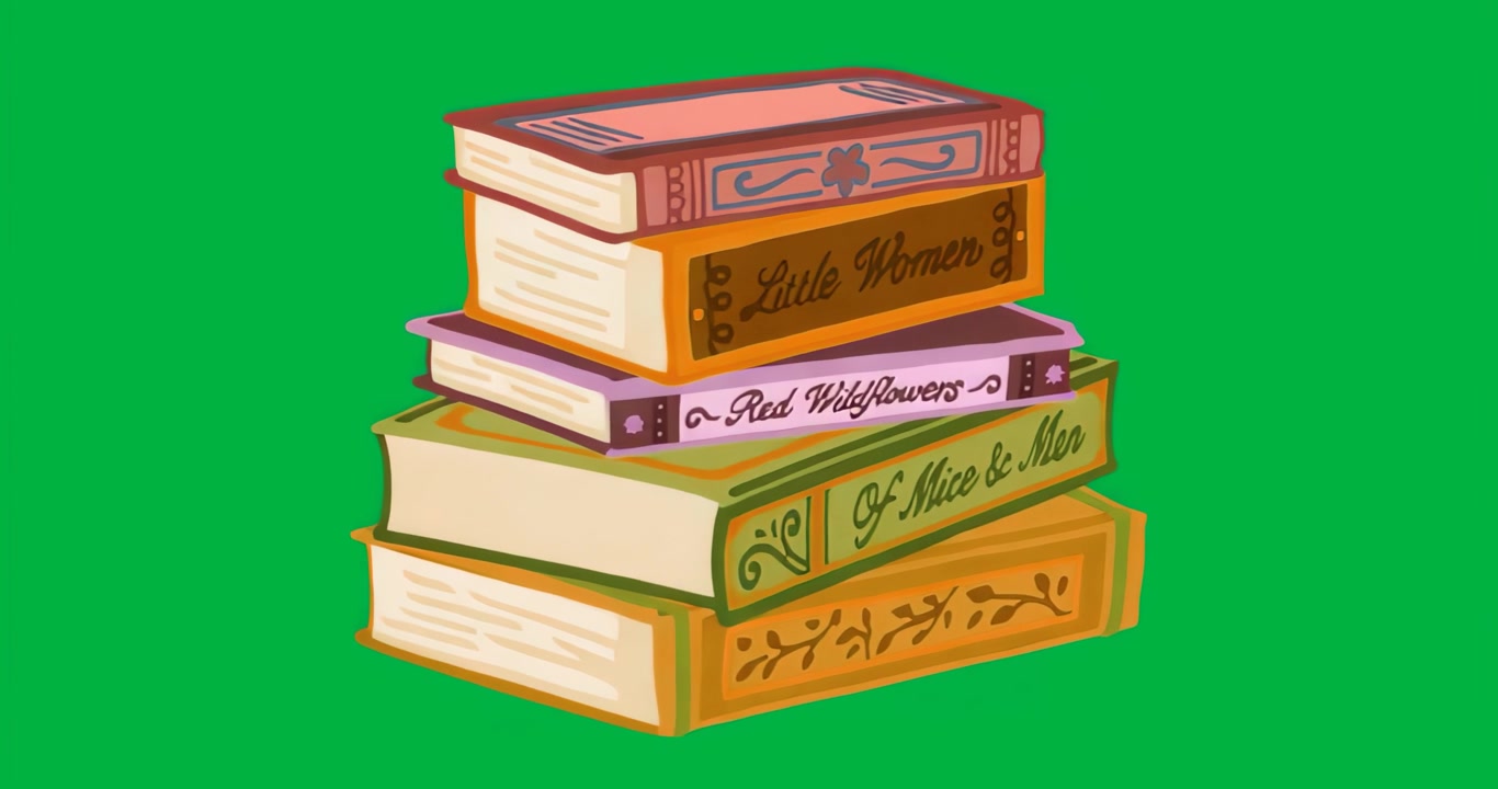 Opening view starting book stack hovering, oscillating over transparent backdrop showcasing covers
