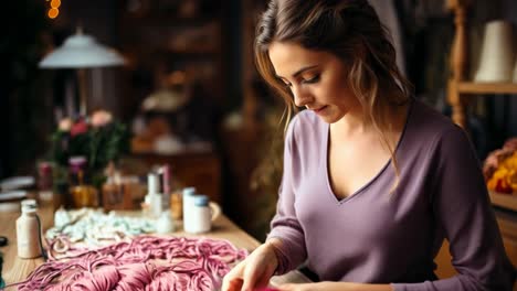 woman weaving colorful yarn in a cozy craft studio during the day