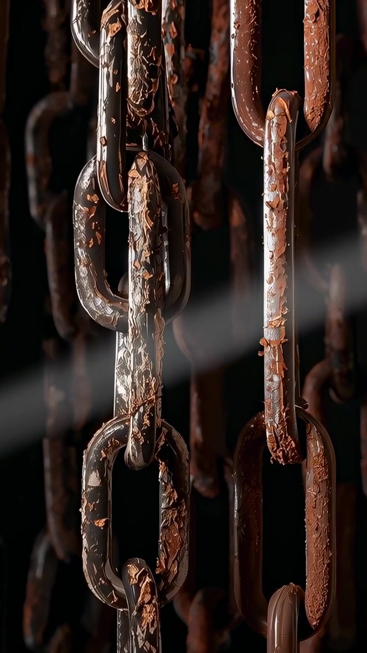 Vertikal video: Svingende metalkæder mens en skiftende diagonal lysstråle skærer gennem mørk butik, viser brune flager.