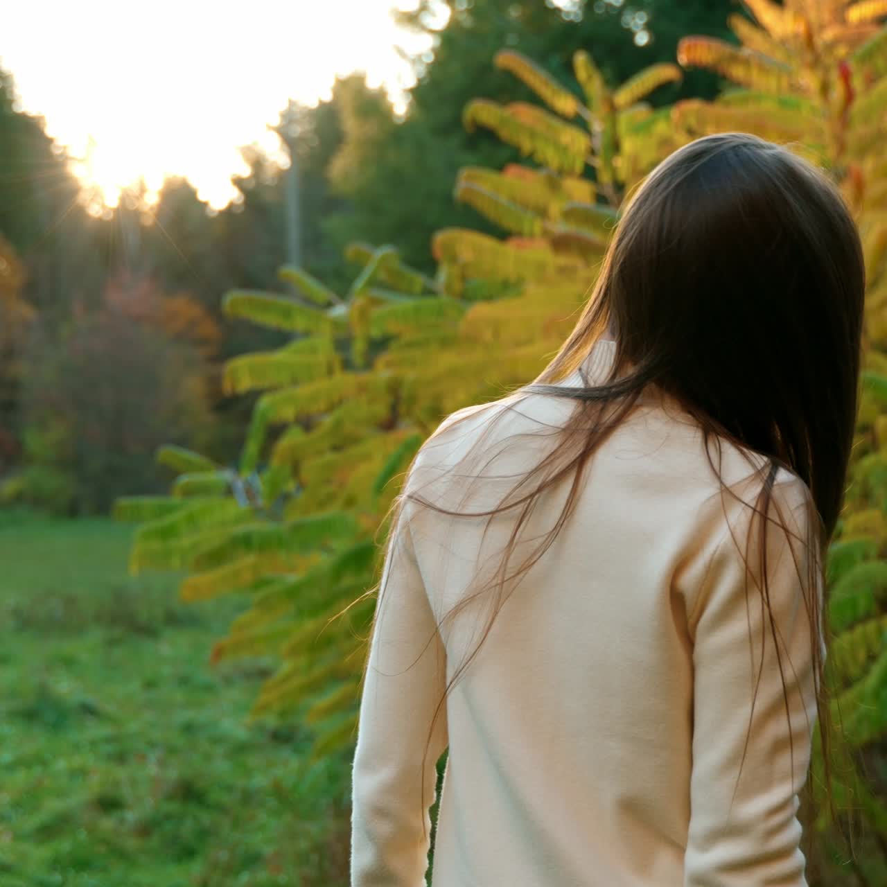 Lady in white warm sweater waving her long dark hair in front of camera. Brunette lady spending time in the autumn park on beautiful weather