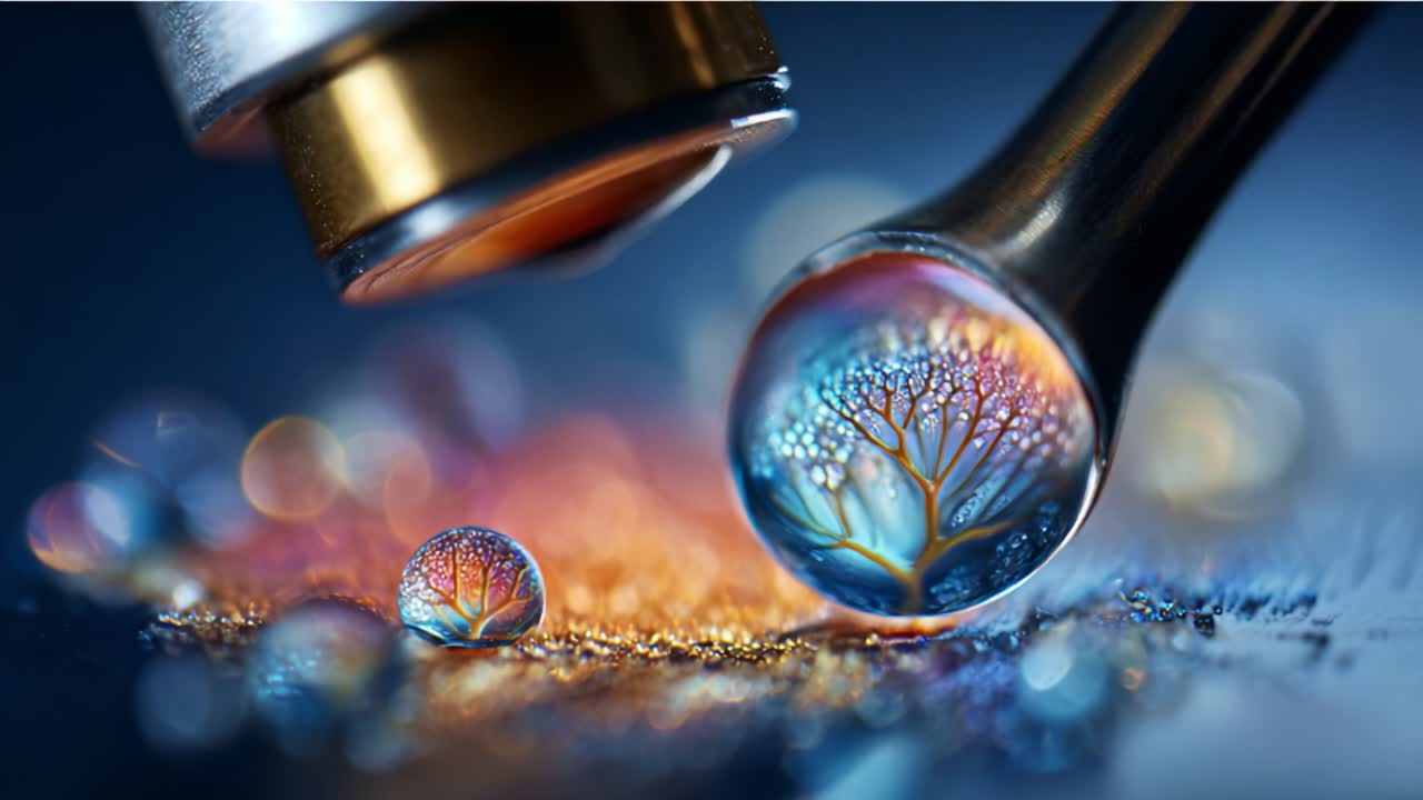 Captivating Close-Up of Tree-Inspired Water Droplets Reflecting a Vibrant Palette of Colors, Showcasing the Interplay of Light and Nature in Micro Photography