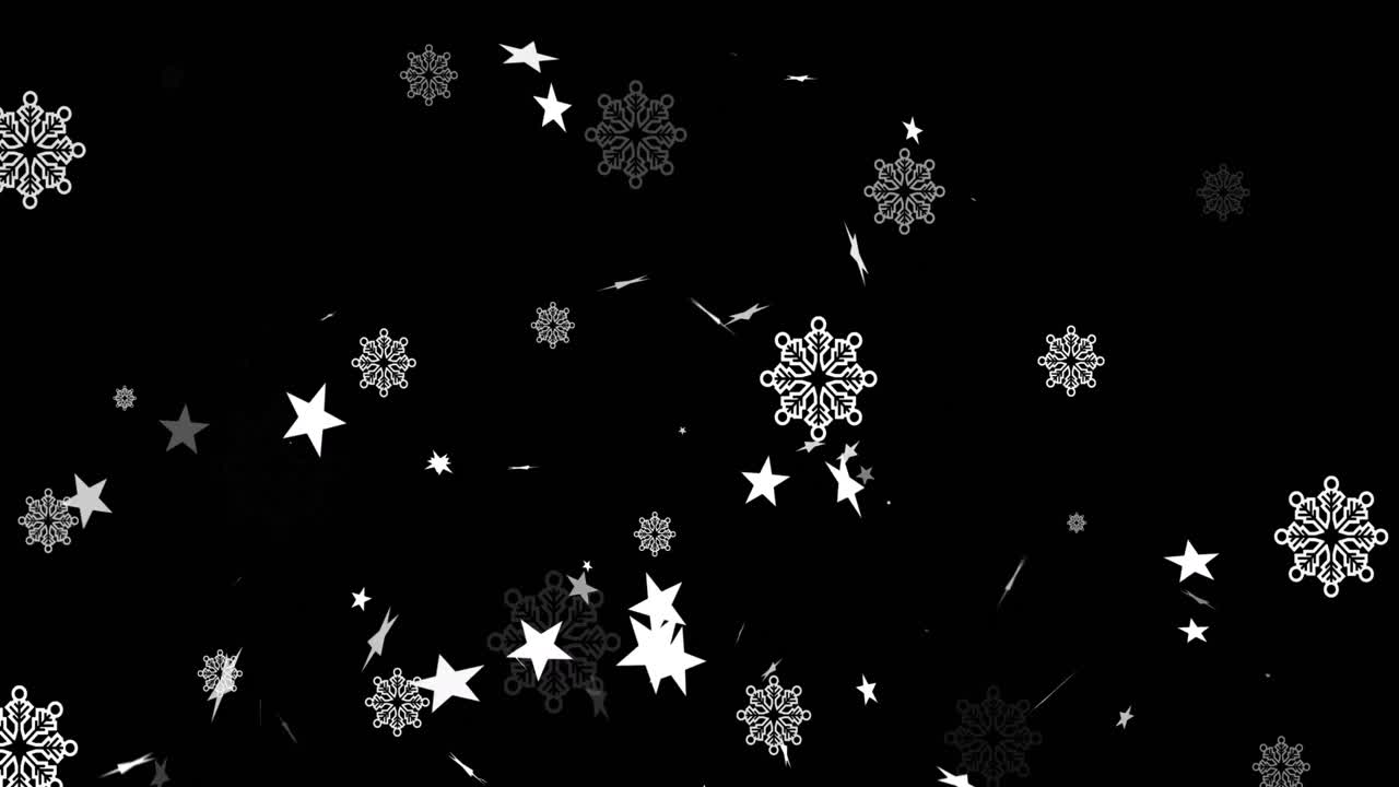 Digital animation of multiple stars and snowflakes icons floating against red background
