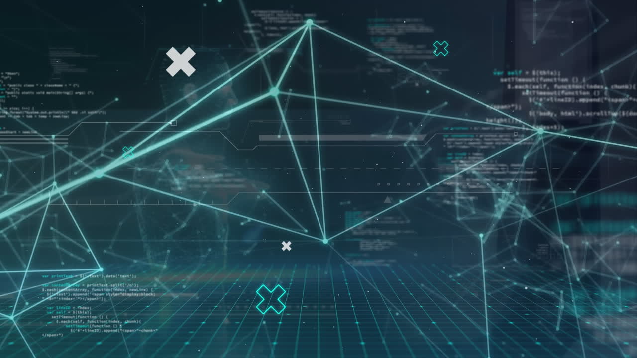 Animation of network of connections and data processing against blue background