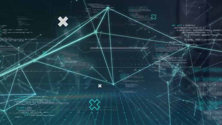 Animation of network of connections and data processing against blue background