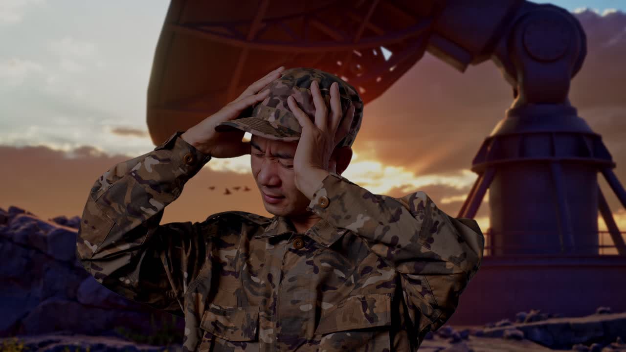 Close Up Of Asian Man Soldier Having A Headache While Standing With Satellite Dish