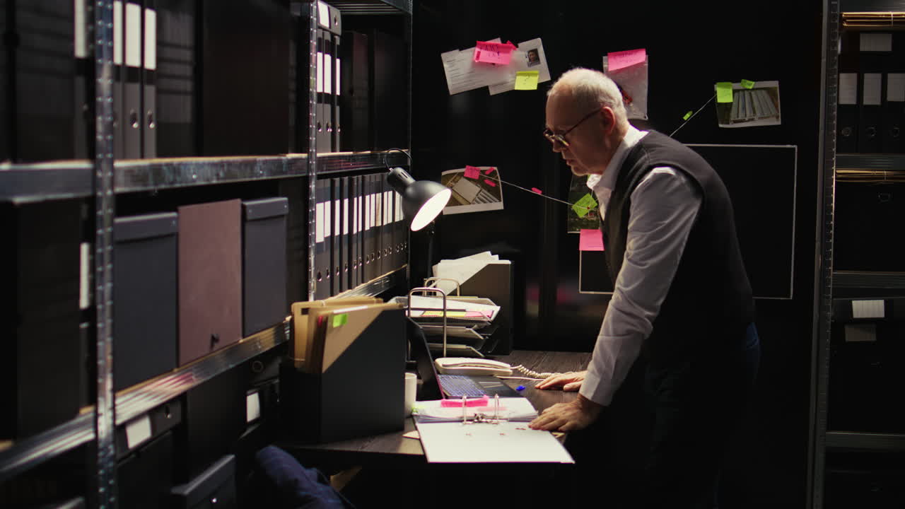 Detective working in a file-filled office