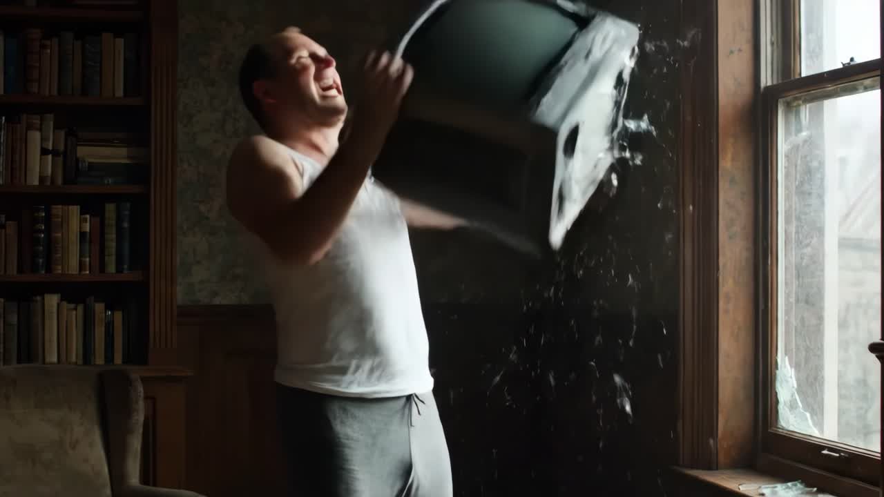 A man stands near a broken window in a dimly lit room