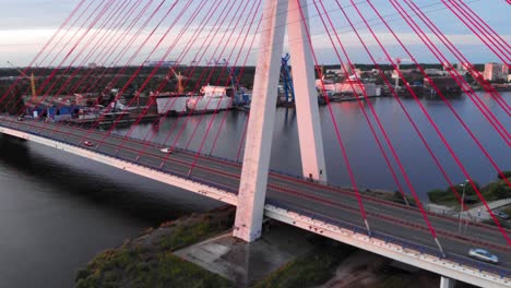 aerial shot of cable-stayed bridge on motława river in gdansk, poland