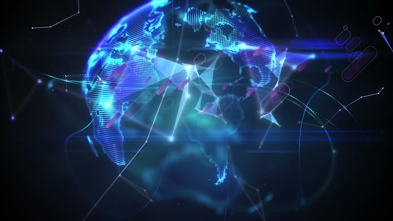 Animation of network of connections, purple lines and globe over black background