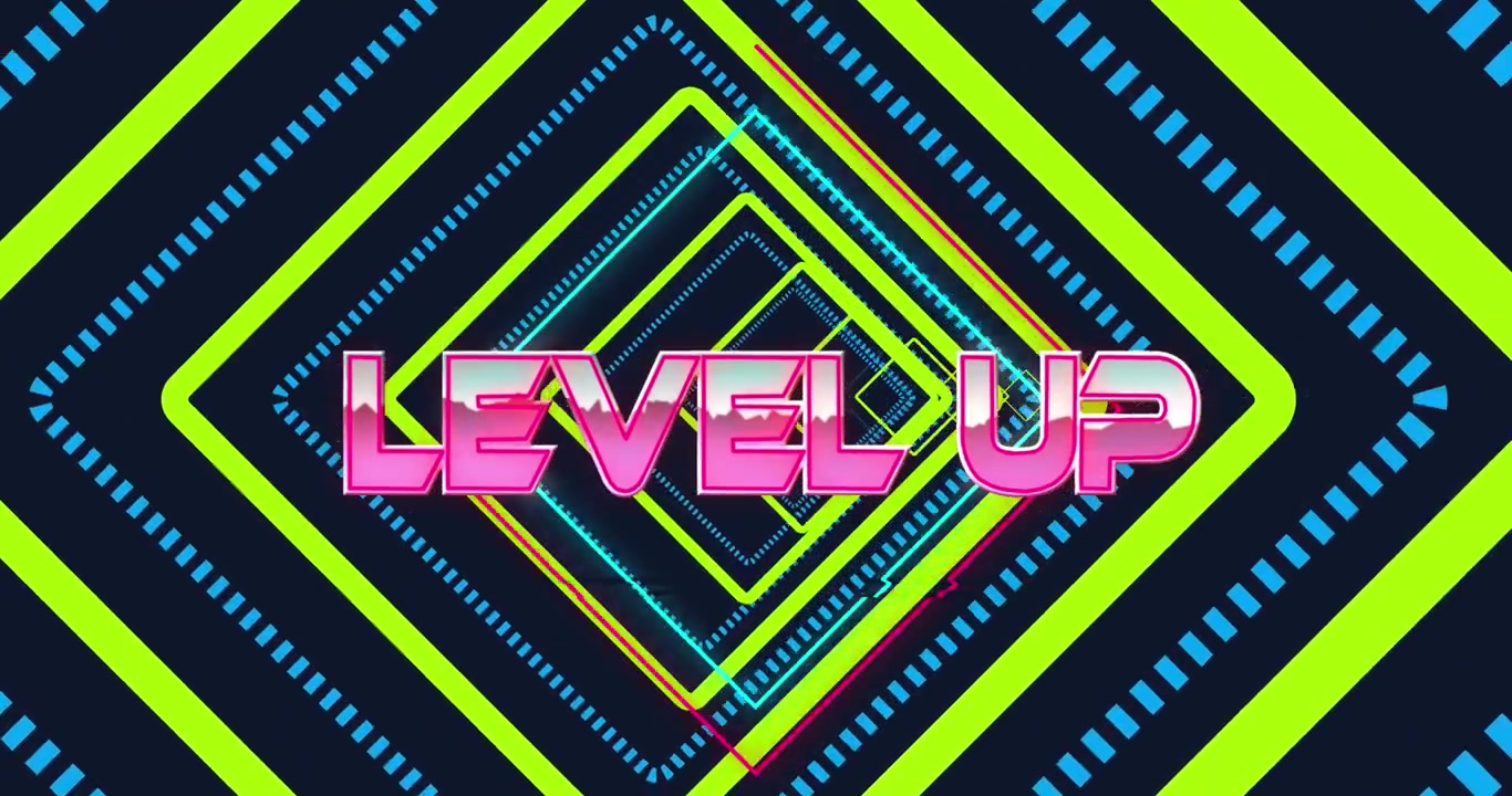 Animazione del testo "level up" su forme al neon su sfondo nero