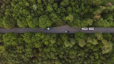 a passenger car is overtaking a lorry and a low driving tractor at a street leading through a green forest, captured by a drone in a top view flying in the vehicles direction