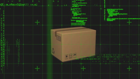 Data processing on grid network over delivery box and 3d truck model against black background