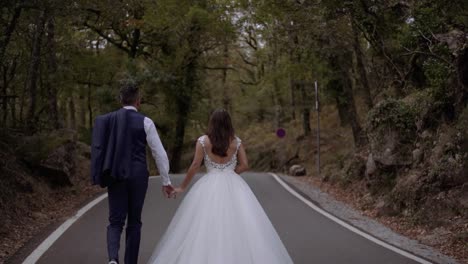 bride and groom walking on forest road in slow motion sideways slide