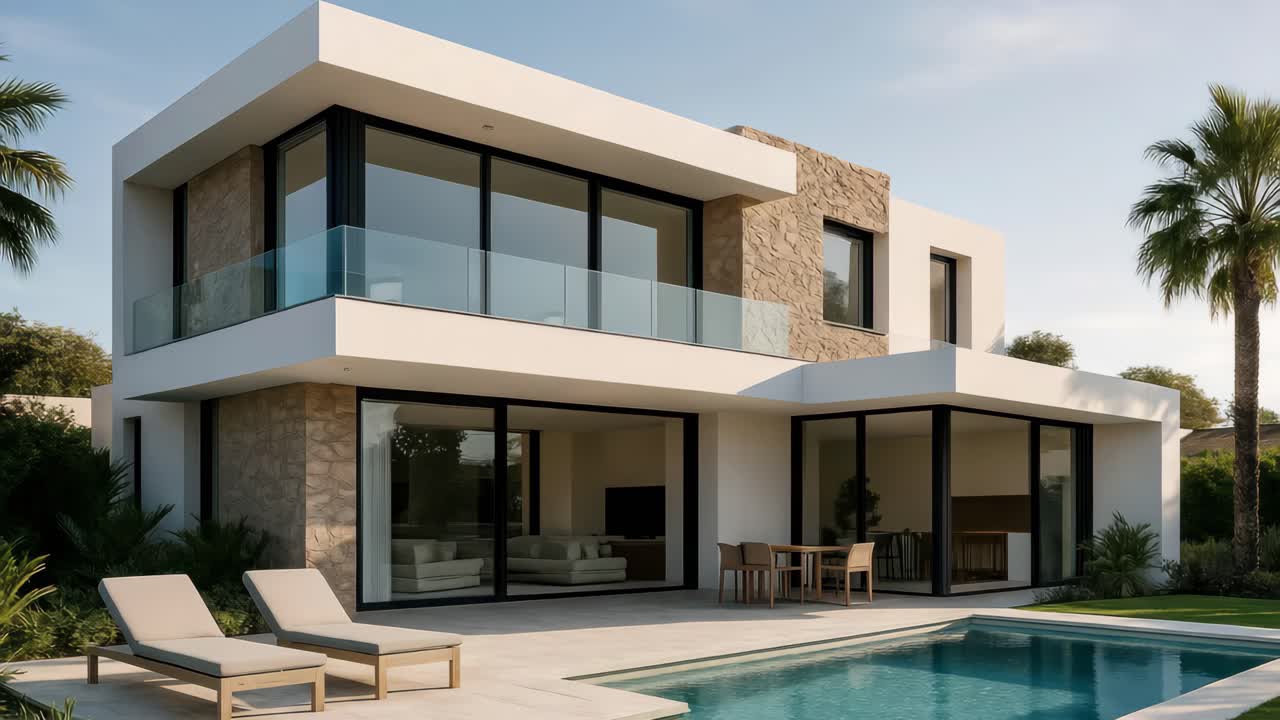 Modern villa exterior with pool, captured from a low-angle, showcasing sleek architecture