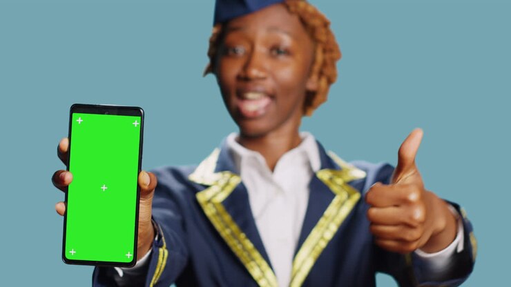Young air hostess pointing at green screen template