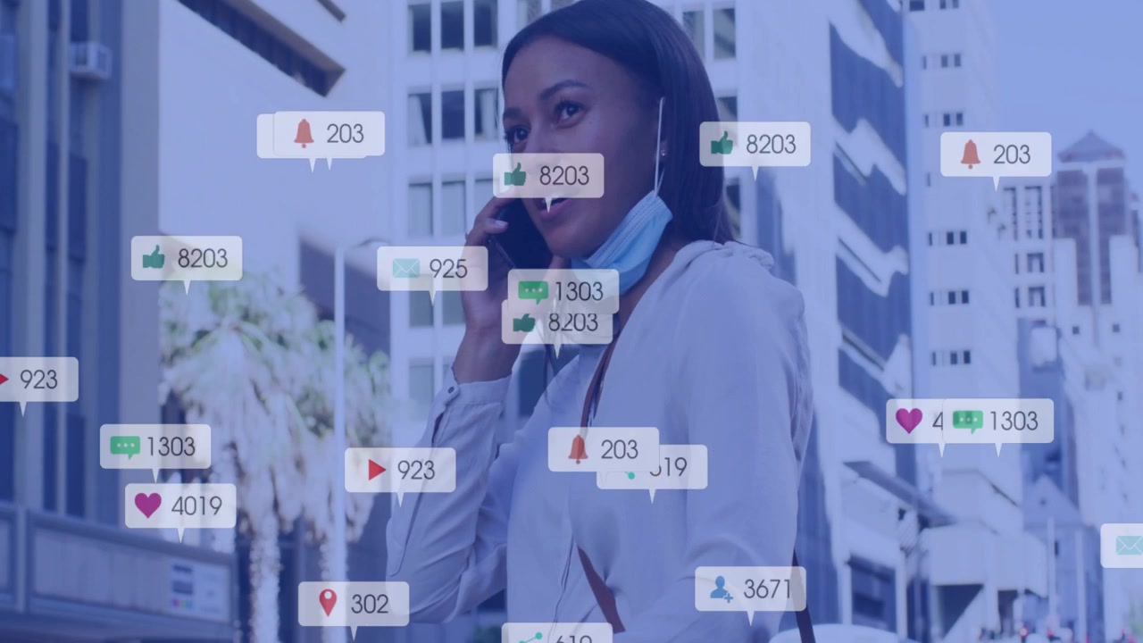 Woman talking on phone checking watch while monitoring feed phone getting marketing icons over city