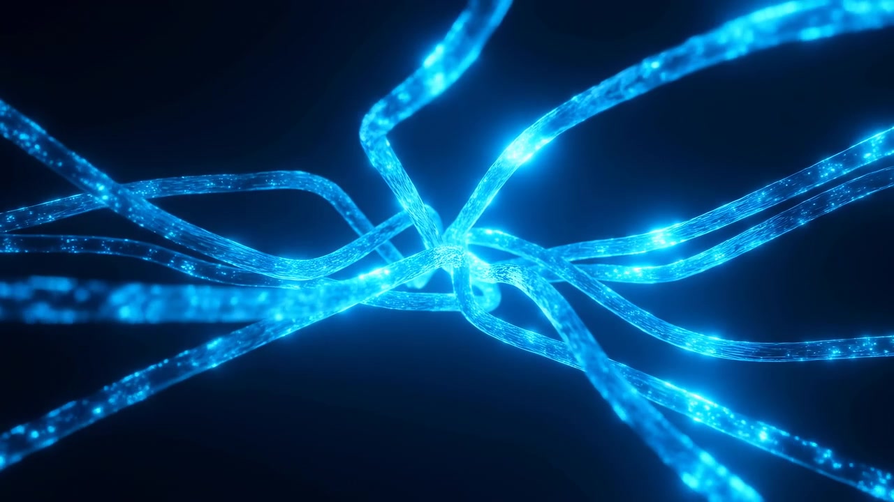 Abstract luminous blue streaks curve and cross over a black background, creating a dynamic futuristic pattern with flowing motion and strong contrast