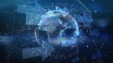 animation of arrows, network of connections and globe rotating in navy space