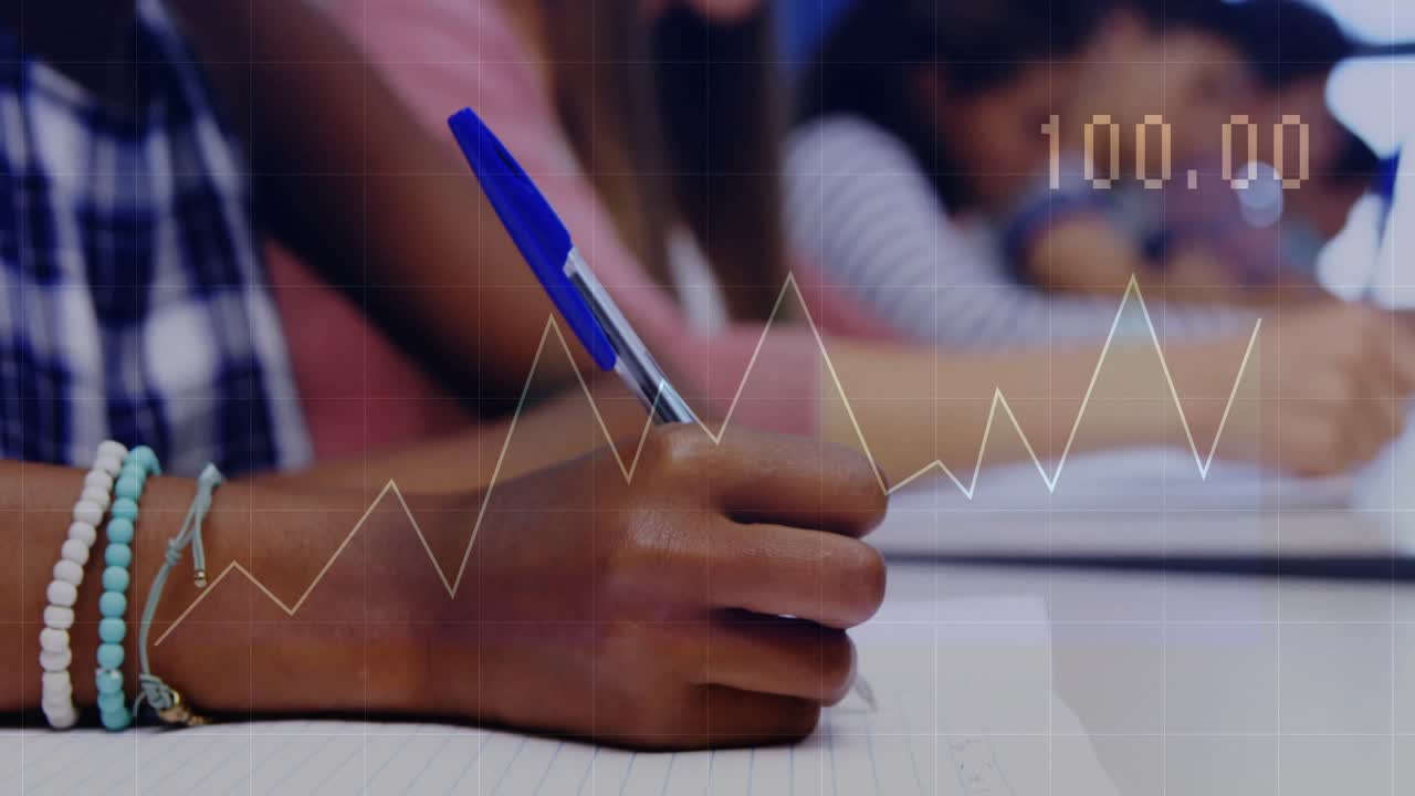 Student hand writing notebook triggers animated graph overlay climbing data values in education