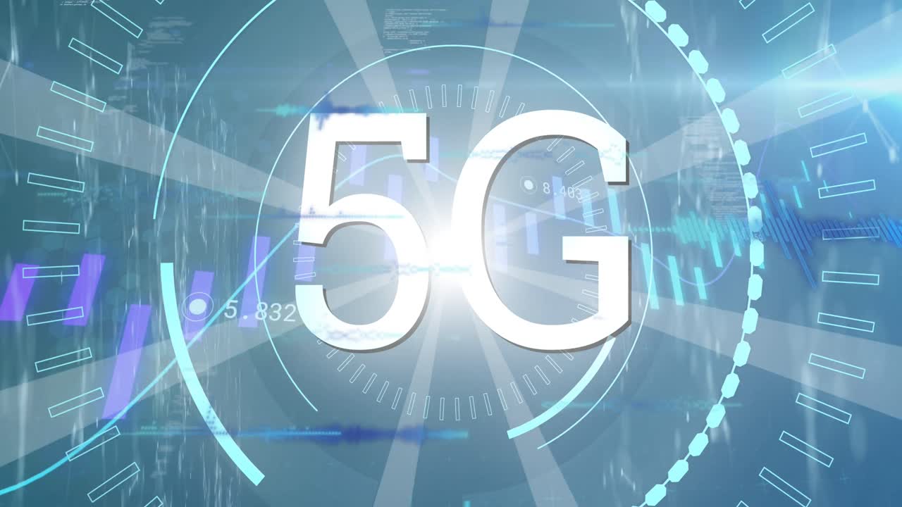 animazione di grafici, dati e 5g su sfondo blu
