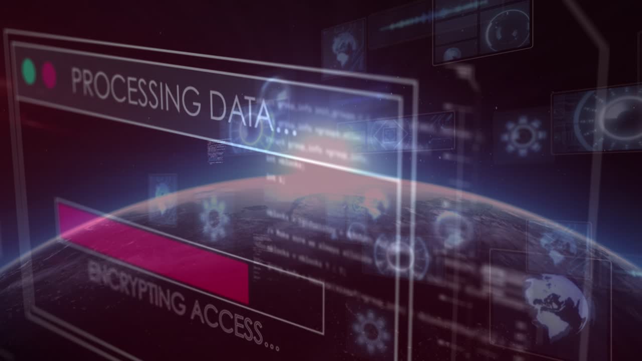 Animation of glitch over globe and diverse data processing on blue background