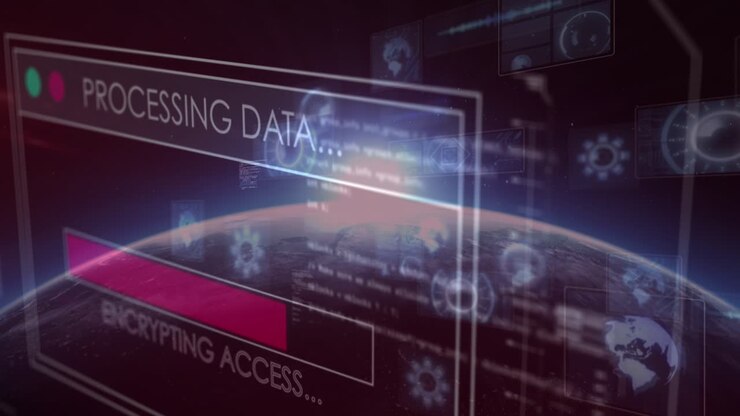 Animation of glitch over globe and diverse data processing on blue background