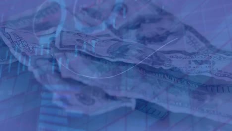 animation of financial data processing over dollar bills on white background