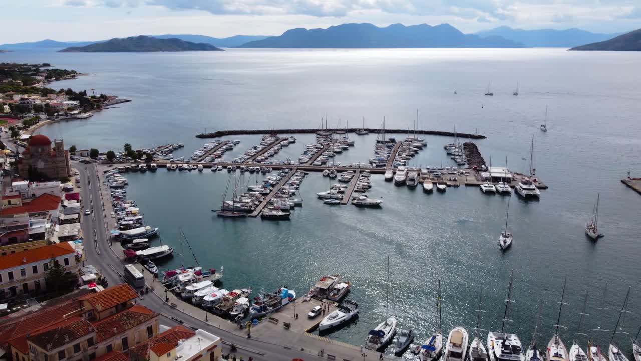 Aerial View of a Picturesque Harbor Town in Greece