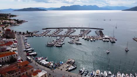 aerial view of a picturesque harbor town in greece