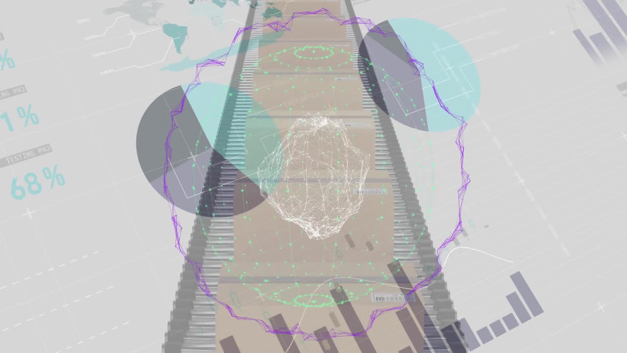 animación de un globo girando sobre el procesamiento de estadísticas y cajas de cartón en una cinta transportadora