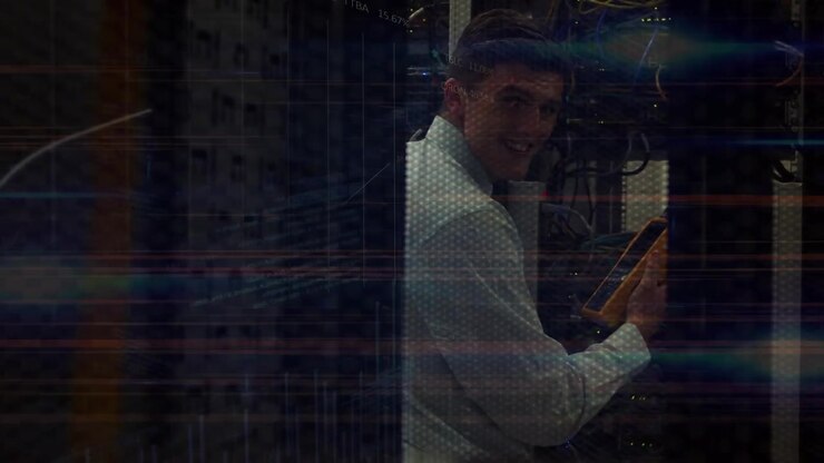 Animation of data processing over caucasian male it technician and computer servers