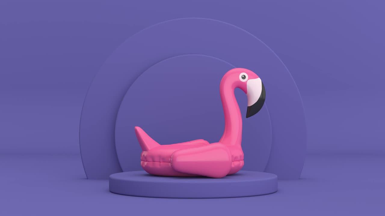 video de resolución 4k: piscina de verano inflable de goma rosa flamenco juguete girando sobre violeta muy peri cilindros productos pedestal de escenario en un violeta muy peri animación de bucle de fondo